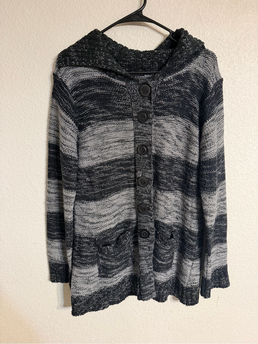 Women's Hooded Button-Front Knit Cardigan - Black & Gray Stripe